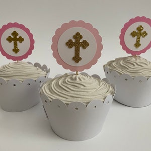 Pink & Gold Cross Cupcake Toppers: Baptism, Christening, First Communion