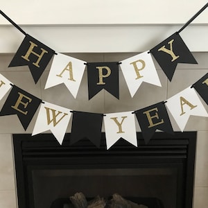 Happy New Year, New Years Banner, Decoration, Black White gold
