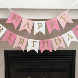 Pink Ombre Birthday Banner, Happy Birthday Banner, Girl Birthday Banner, Gold Letters, Photo Prop, Girl Party, Birthday Decoration