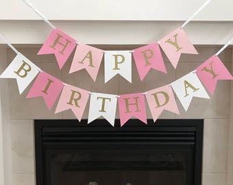 Pink Ombre Birthday Banner, Happy Birthday Banner, Girl Birthday Banner, Gold Letters, Photo Prop, Girl Party, Birthday Decoration