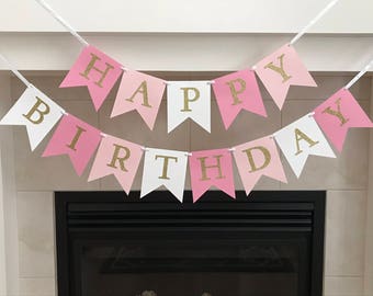 Pink Ombre Birthday Banner: Gold Glitter Letters, Handmade Party Decor