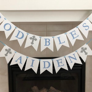 God Bless Baptism Banner, Light Blue Christening Decor