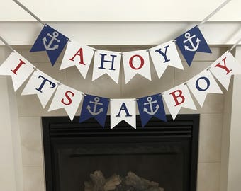 Ahoy It's A Boy Banner, Boy Baby Shower Banner, Baby Shower Decoration, Nautical Baby Shower, Anchors, Navy, Red, White, Photo Prop, Newborn