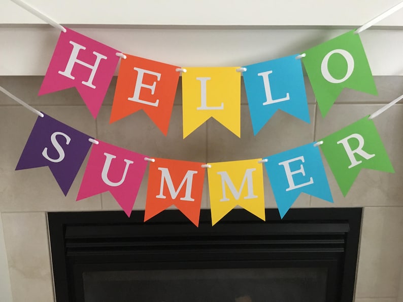 May include: A colorful banner with the words "Hello Summer" in white letters. The banner is made of triangular flags in different colors, including purple, pink, orange, yellow, blue, and green.