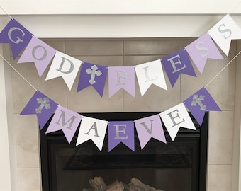 Purple Ombre God Bless Banner: Silver Glitter Christening Decor