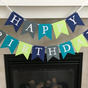 Happy Birthday Banner, Boy Birthday Banner, Birthday Party Decoration, Grey, Blue, Green, Photo Prop image 1