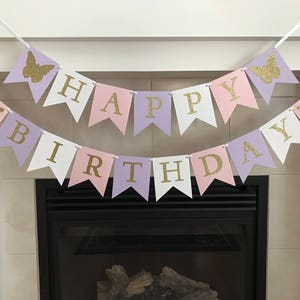 Butterfly Birthday Banner, Pink Purple Gold Silver Butterflies, Happy Birthday Banner, Girl Birthday Decoration, Party Decor, Photo Prop,