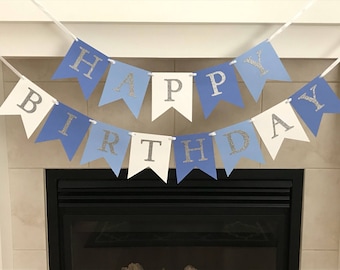 Blue Ombre Birthday Banner, Happy Birthday Banner, Boy Birthday Banner, Silver Letters, Photo Prop, Boy Party, Birthday Decoration