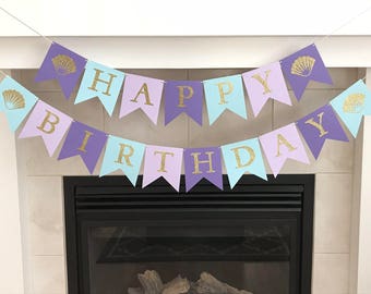 Mermaid Birthday Banner, Under The Sea Birthday, Ocean Theme, Sea Shells, Girl Birthday Banner, Girl Party Decorations, Little Mermaid