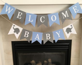 Welcome Baby Banner, Baby Shower Banner, Baby Sprinkle, Baby Shower Decoration, Boy Baby Shower, Blue and Grey, Photo Prop, Nursery