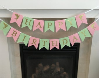 Fairy Birthday Banner, Happy Birthday Banner, Fairy Party, Girl Birthday Banner, Girl Party, Pink, Mint, Gold Sparkle, Photo Prop