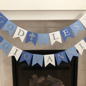Blue Ombre God Bless Banner: Silver Glitter Crosses, Baptism Decor