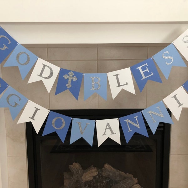 Blue Ombre God Bless Banner: Silver Glitter Crosses, Baptism Decor