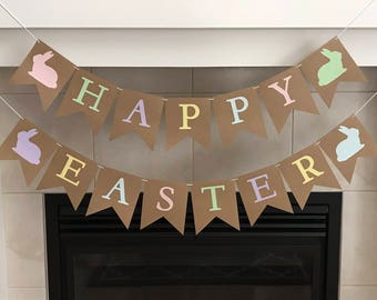 Happy Easter Banner, Easter Decoration, Bunny Banner, Spring colors, Pastel Colors, Burlap, Flag Banner, Photo Prop, Back Drop