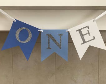 Blue Ombre, 1st Birthday Banner, Highchair Banner, One Birthday Banner, First, Cake Smash, Silver, Blue, Baby's First Birthday, Photo Prop