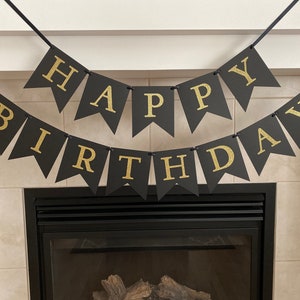 Happy Birthday Banner, Black and Gold Birthday Banner, Modern Birthday Banner, Gold Font, Photo Prop, Sparkly Birthday Banner