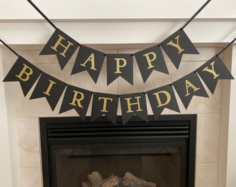 Happy Birthday Banner, Black and Gold Birthday Banner, Modern Birthday Banner, Gold Font, Photo Prop, Sparkly Birthday Banner