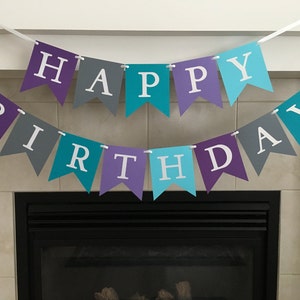 Happy Birthday Banner, Girl Birthday Banner, Shimmery Letters, Purple, Grey, Blue, Girl Party Decoration, Flag Banner, Photo Prop, Frozen