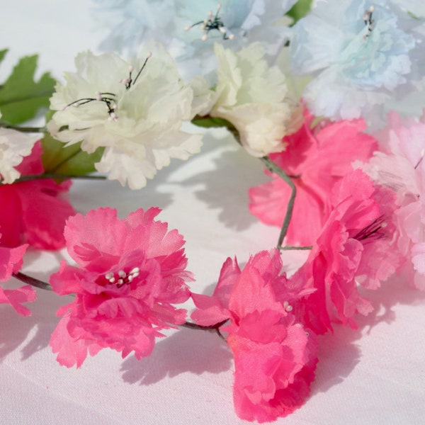 Couronne fleurs fuchsia,Longue garniture florale ,Fleurs millésime 70s,Fabrication couronne, Fleurs travaux modiste ,Fleurs pour cheveux