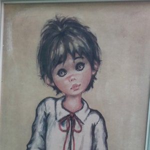 Jolylle / Idylle  / Lolylle Wide Eyed Boy Vintage Print in 50cm long  Original Frame Picture 1960&#39;s Big Eyes Kitsch