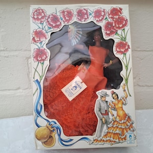 Original Boxed Vintage Spanish Marin Chiclana Flamenco Dancer in Orange Dress Souvenir Collectable Kitsch Doll 1970s.