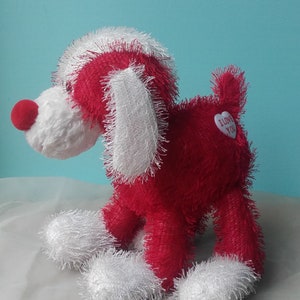 I Love You Fuzzy Dog Plush Soft Stuffed Toy Vintage Red and White Love Struck Puppy with &#39;I Love You&#39; badge on his bottom