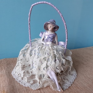 Art Deco Pin Cushion Fine Lady, Half Lady Doll Lilac with Gold Shoes 1930s. Porcelain and Fabric