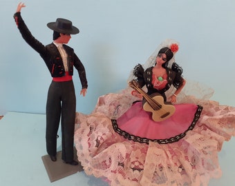 Spanish Doll Pair of Grain Marin Chiclana Flamenco Dancing with guitar Souvenir Collectable Kitsch Dolls.