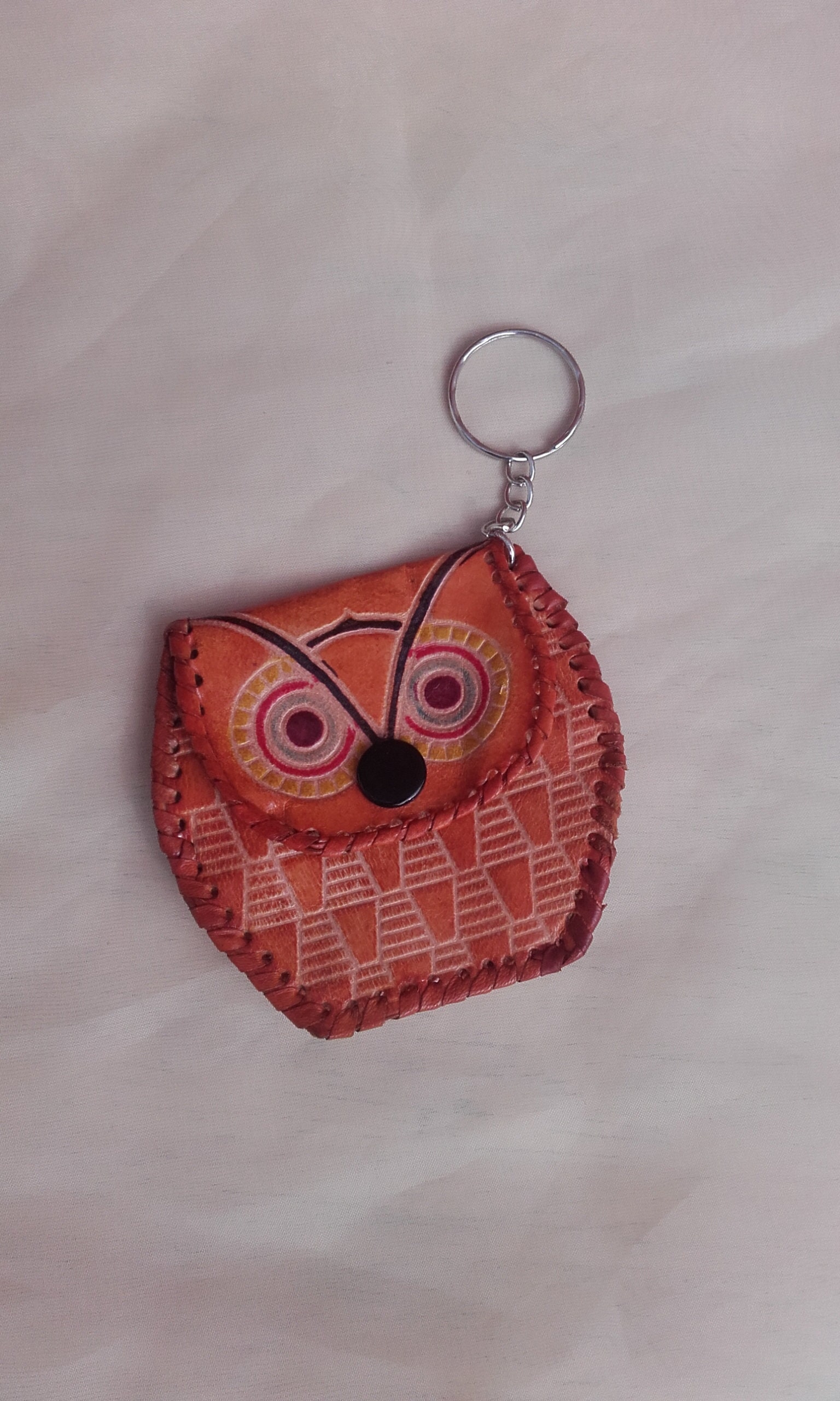 Leather Owl Purse and Key Chain / Fob - A Handmade Little Tan Owl Purse with a Key Ring