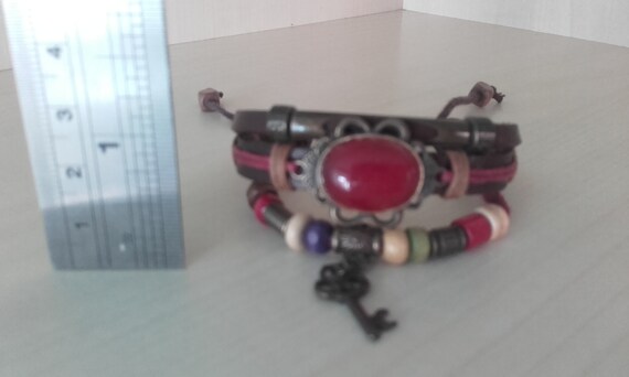Red Gem and Key 3 Stringed Beaded Adjustable  Bra… - image 2