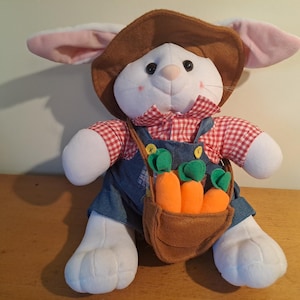 Puede incluir: Un conejito de peluche blanco con un sombrero marrón, una camisa a cuadros rojos y blancos, un mono azul y una bolsa marrón con zanahorias verdes y naranjas.