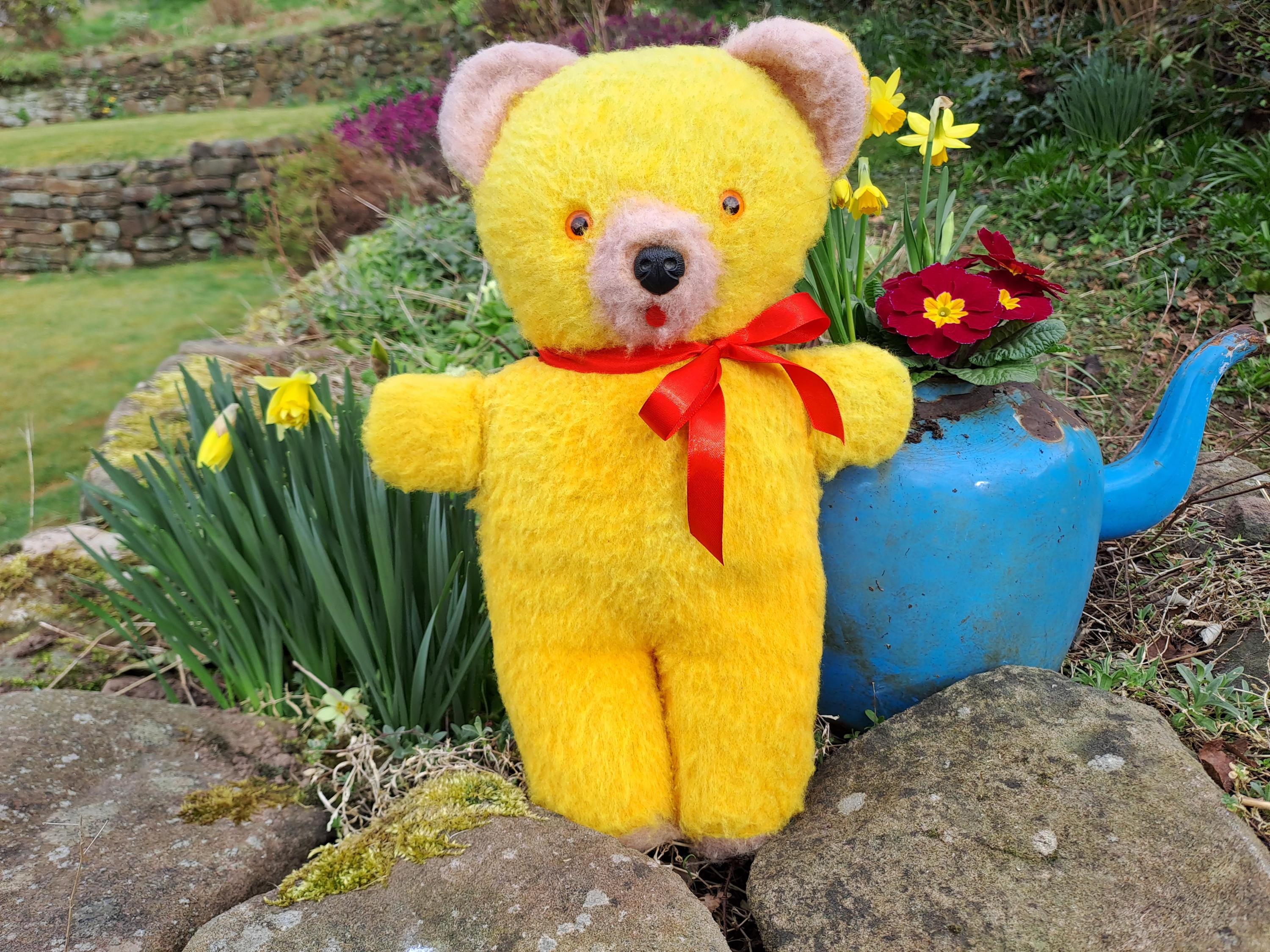 Large Yellow 70s Teddy Bear With Orange Eyes - Vintage Plush