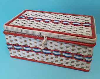 Gorgeous 50s Sewing Basket Wicker and Vinyl with Silky Pink lining