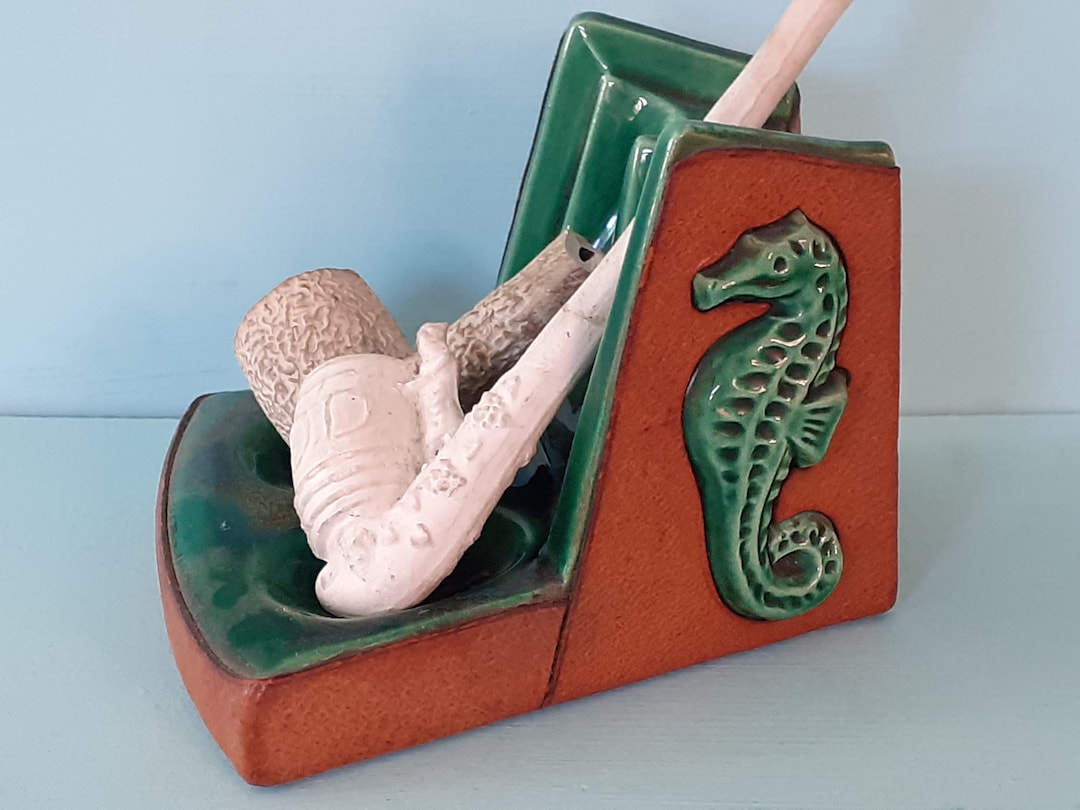 Art Deco Pipe Stand, Ceramic and Leather, Green Seahorse Design Rare