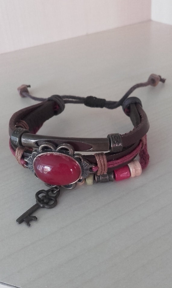 Red Gem and Key 3 Stringed Beaded Adjustable  Bra… - image 1