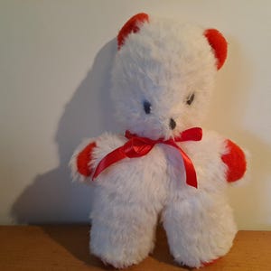 1970s Vintage Old Teddy Bear White and Red - Rare Stuffed Plush Collectors Toy.