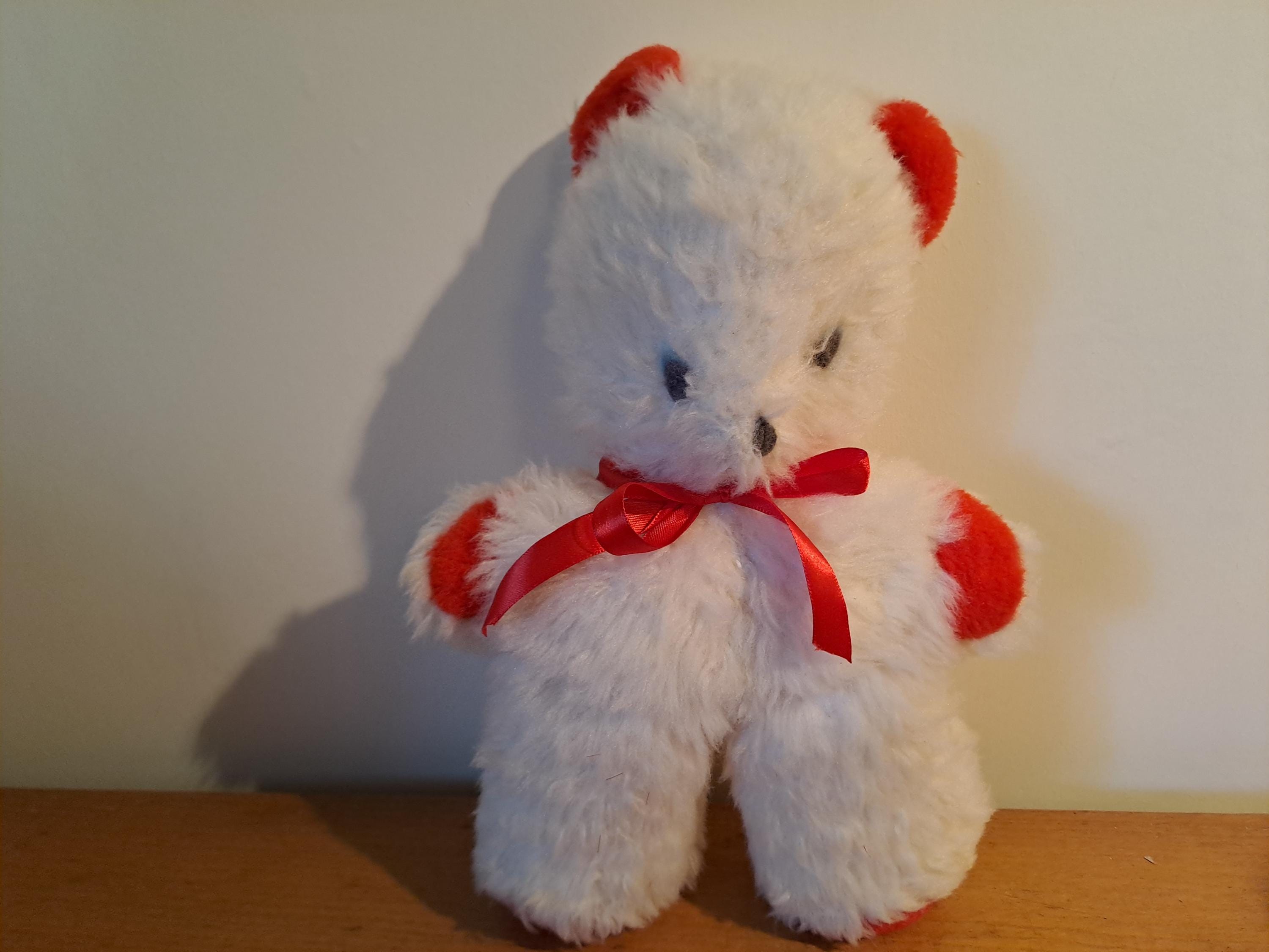 1970s Vintage Old Teddy Bear White and Red - Rare Stuffed Plush