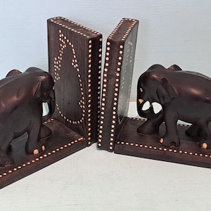 Pair Carved Ebony Elephant Bookends with Ceylon Island Inlay Decoration. Art Deco Era.