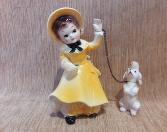 Kitsch Napco Girl in Bonnet with Poodle Dog Vintage 1960s Figure / Figurine / Ornament