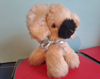 Vintage 70s Puppy Dog Teddy Plush Stuffed Collectors Toy in Blue Ribbon.