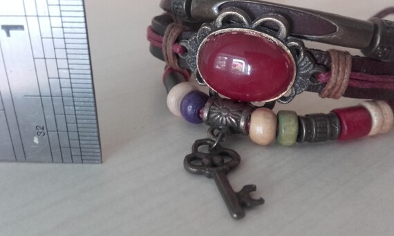 Red Gem and Key 3 Stringed Beaded Adjustable  Bra… - image 5