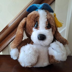 Vintage Sad Sam Welpe Hund Graduate 1980s Wallace Berrie Applause Sammler Plüschtier mit originalen Tags.