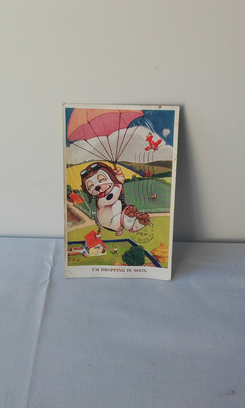 Franked in Bury St Edmunds Vintage Bonzo The Dog I/'m dropping in soon 1952 Kitsch Picture Postcard Collectable Nostalgic.