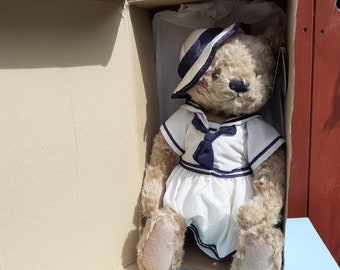 Oso de peluche de Ethel Gund America con vestido de traje de marinero - Articulado - Caja original - Juguete de coleccionista de felpa vintage raro grande.