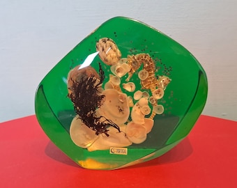 Vintage 1960s Lucite Paperweight with 3D Sea life, Shells, Seaside Sun Catcher Diorama Scene marked Portugal.