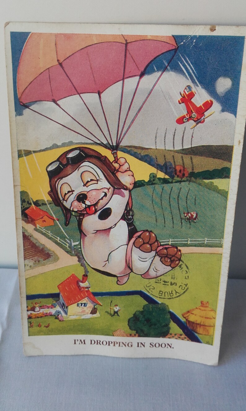 Franked in Bury St Edmunds Vintage Bonzo The Dog I/'m dropping in soon 1952 Kitsch Picture Postcard Collectable Nostalgic.
