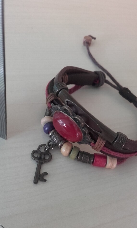 Red Gem and Key 3 Stringed Beaded Adjustable  Bra… - image 3