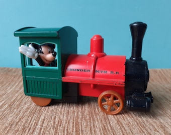 Thunder Mountain Rail Road Train Mickey Mouse Pull Back and Release Mechanism Moving  Red Plastic Vintage Walt Disney Toy