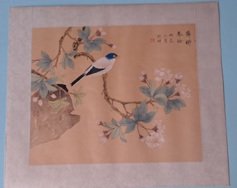 Original Chinese Watercolour Painting on Silk - Signed Bird in Cherry Blossom Scene.