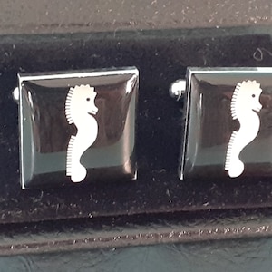 Seahorse Cuff Links - Art Deco Style Black and White Enamel Square Design in original box.